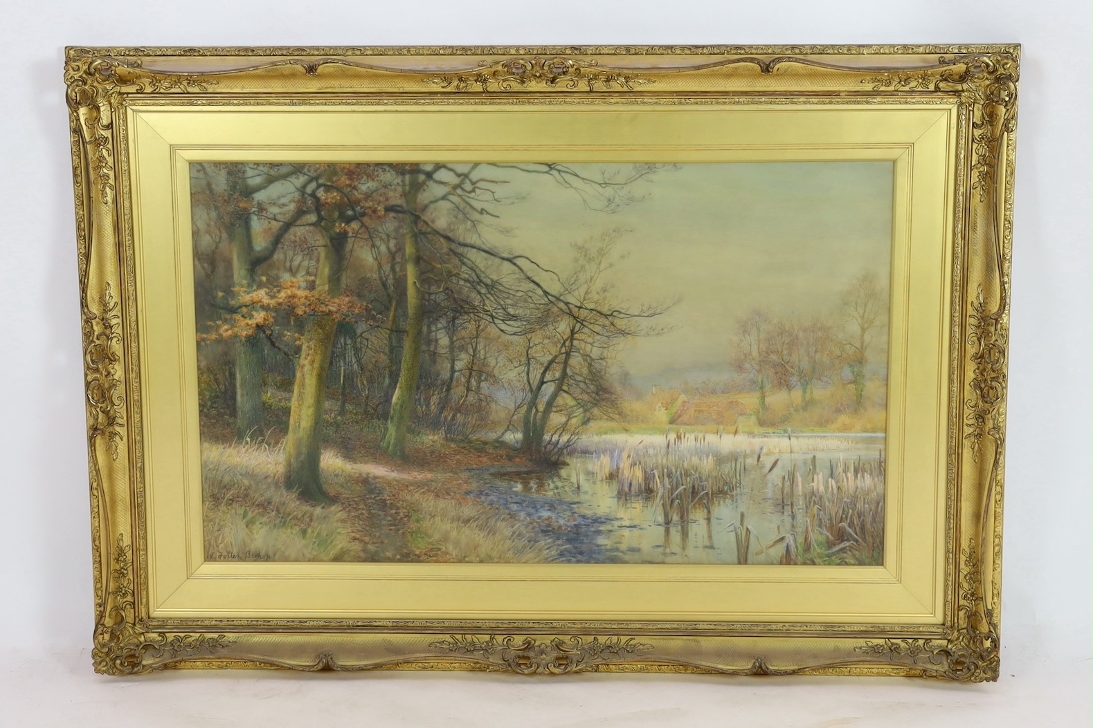 Walter Follen Bishop (British, 1856-1936), watercolour, Tranquil lake scene, signed, 59 x 99cm